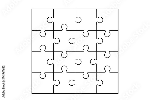 Jigsaw puzzle grid vector background. Blank template of 16 pieces. Metaphor for teamwork, connection, cooperation, problem-solving, business strategy, and finding a solution.