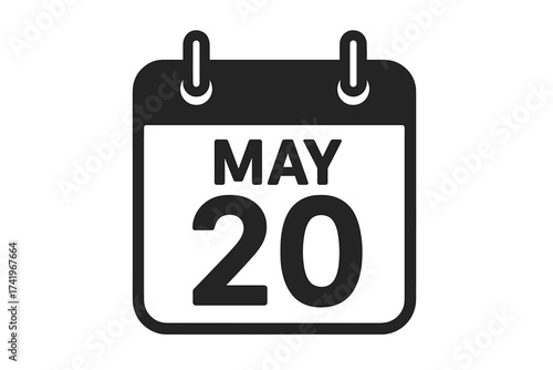 May 20 calendar icon. 20th day of the month. Date symbol vector illustration. Schedule, appointment, reminder, deadline concept. Event planner graphic sign. Simple flat design.