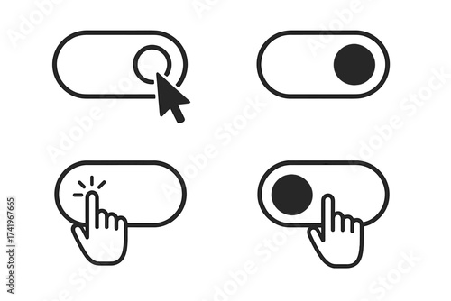 Switch button icon vector set. On and off toggle for UI UX design. Click with hand and mouse cursor pointer. Enable disable control element for website and mobile app graphic.