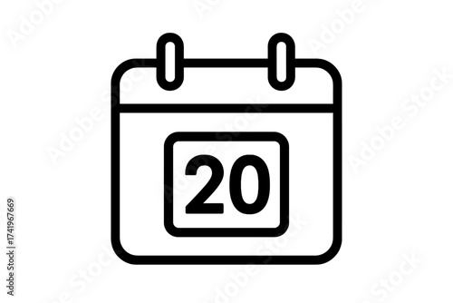 Calendar line icon date 20. Day twenty symbol. Vector graphic for schedule, appointment, reminder, deadline. Event plan pictogram. Organizer element. Minimal flat design.