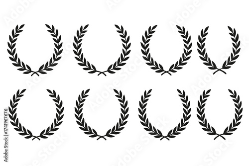 Laurel wreath vector icon set. Black silhouette collection of Greek and Roman emblems for victory, honor, and success. Award symbol for champion. Circular leaf frame for logo.