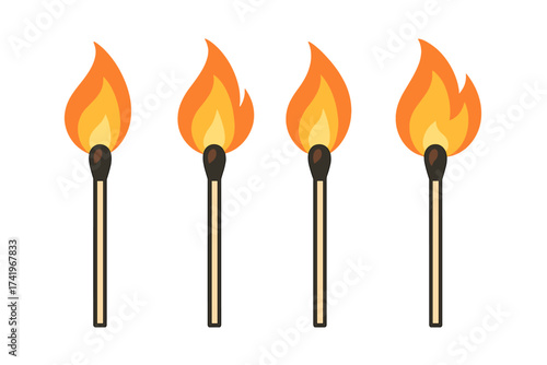 Burning matchstick vector icon collection. Wooden stick with fire flame symbol. Metaphor for a new idea, a fresh start, or ignition. Heat and energy concept. Isolated.