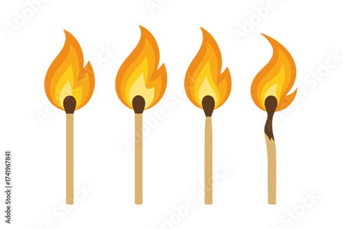 Lit wooden match stick burning vector icon set. Matchstick fire with flame symbol illustration. Ignition sequence, heat, and danger concept. Burnt out match illustration.