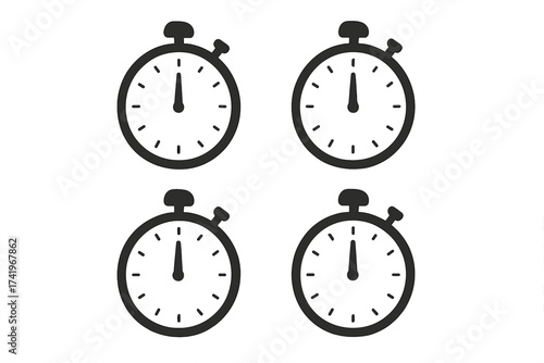 Stopwatch timer icon set vector illustration. Simple chronometer symbol for measuring time, seconds, minutes. Concept of deadline, countdown, speed, and precision. Clock face pictogram.