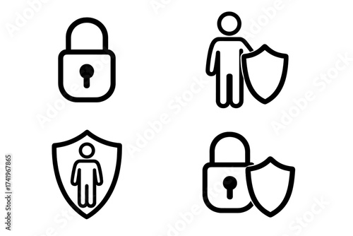 Security and protection line icon set. Vector symbols of lock, shield, and user for privacy, safety, and data defense. Cybersecurity, insurance, and guard concept isolated.