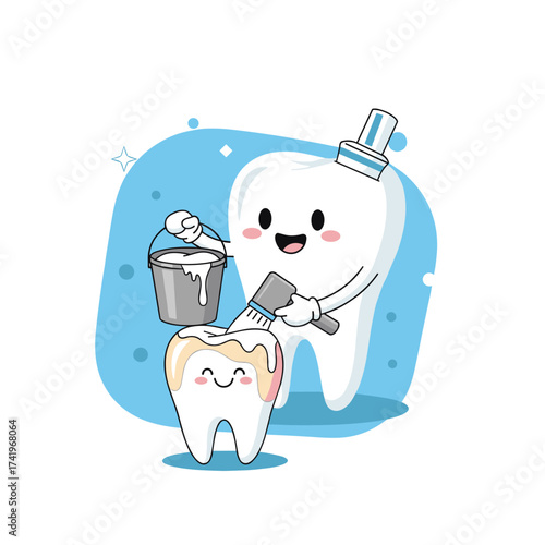 A friendly cartoon tooth character with a paintbrush is applying white paint to another tooth.