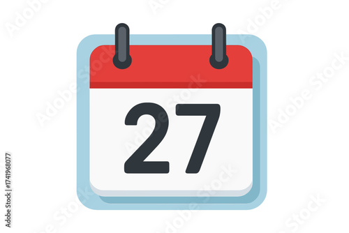 Calendar icon with number 27. Day twenty-seven. Schedule date reminder. Appointment, event, and deadline planning symbol. Organizer pictogram for web and app. Vector.