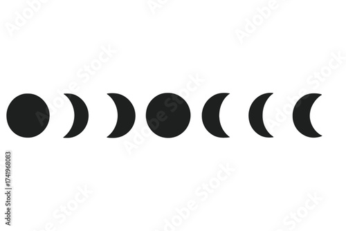 Moon phases vector icon set. Lunar cycle silhouette illustration for tattoo design. Celestial astrology spiritual symbols. Full moon, new moon, crescent moon shapes.