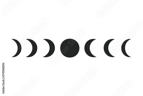 Moon phases vector illustration for minimalist tattoo design. Lunar cycle icon set with crescent, new and full moon. Celestial astrology, wicca, spiritual, esoteric symbol.