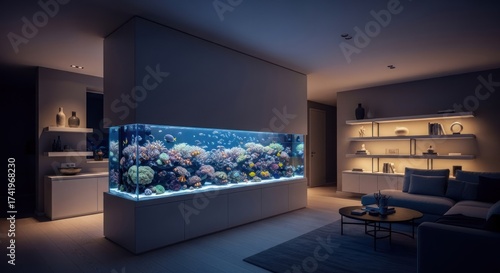 Fototapeta Naklejka Na Ścianę i Meble -  Modern living room with a large, vibrant, illuminated coral reef aquarium built into wall
