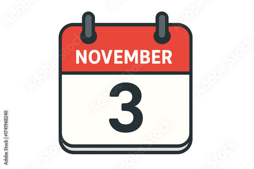 November 3 daily calendar icon. Date reminder for the third day of the month. Autumn schedule, event, and appointment symbol. Flat vector graphic for web and print design.