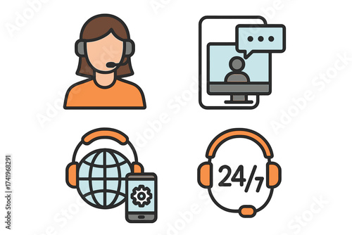 Customer support icon set. Online service, call center agent, 24/7 helpdesk. Hotline consultation, technical assistance, global communication. Vector flat design elements.