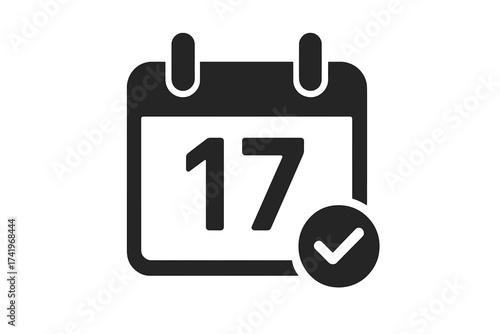 Calendar icon with date 17 and checkmark. Confirmed appointment, event reminder, schedule symbol. Save the date concept for planning, deadline, and organizer app. Vector.