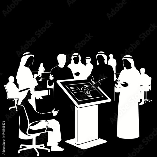 Group of Arab men discussing an idea at a conference.