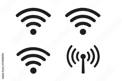 Wi-Fi icon set. Wireless connection and antenna signal symbols. Vector collection for internet, network, hotspot, and communication design. Flat simple glyph icons.