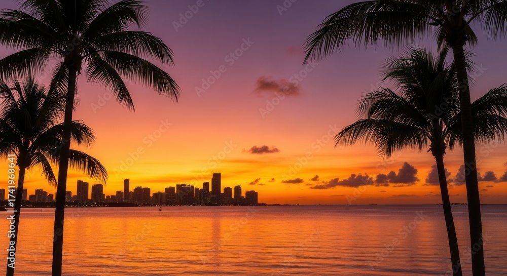 Obraz premium Sunset paints a vivid sky above a city skyline across calm water with dark palm tree silhouettes framing the colorful horizon of purple orange and yellow