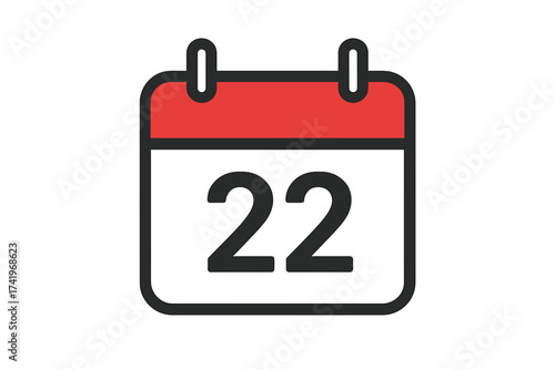 Calendar icon with the number 22. Date and day symbol. Schedule, appointment, event, and deadline reminder concept. Vector illustration for web, app, and graphic design.