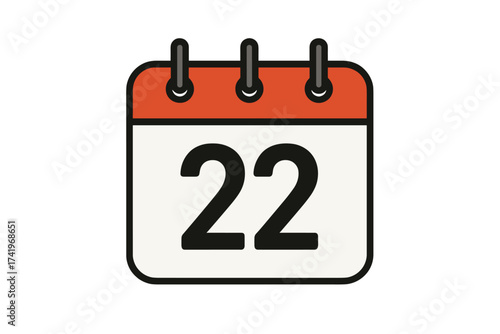 October 22 calendar icon. Day twenty-two. Date symbol for schedule, appointment, reminder, important event, deadline. Clean vector flat design illustration. Isolated graphic.