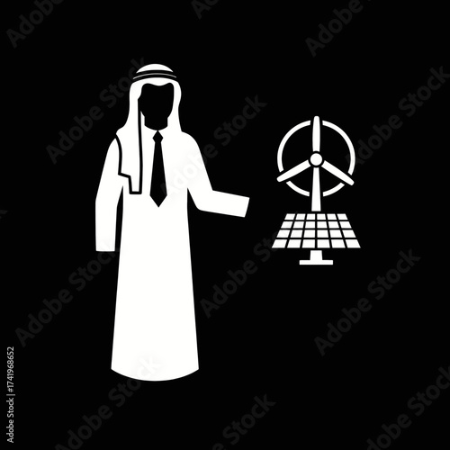 Arab man presenting renewable energy sources with wind turbine and solar panel.