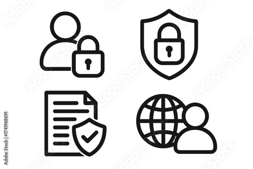 PIPA Personal information protection act icon set. Data privacy, internet security concept. GDPR compliance. User confidentiality, padlock, shield vector symbols. Cybersecurity.