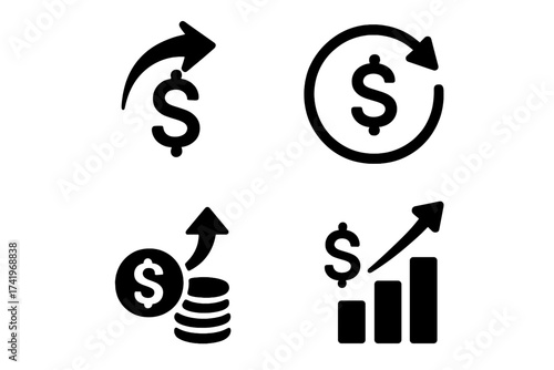 Return on investment icon set. ROI vector symbol collection. Finance growth, profit, and revenue concept. Money cash back, income increase, and budget chart signs.