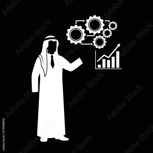 Arab man presenting business growth and technological advancements.