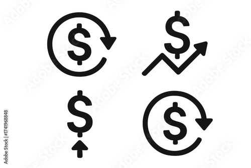 Return on investment icon set. ROI concept with dollar signs and arrows. Financial growth, profit, and income symbols. Business investment, cash back, and money refund vector.