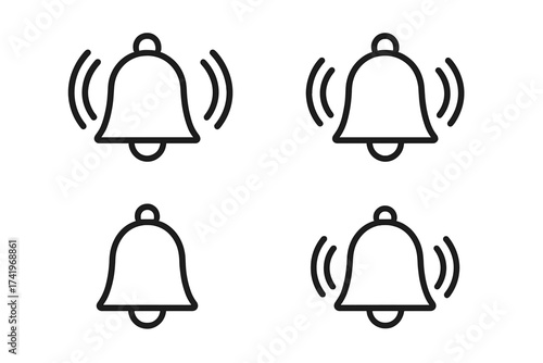Ringing bell icon set. Notification bell symbol collection. Alarm, alert and reminder concept. Subscribe button for social media. Silent bell. Vector outline illustration.