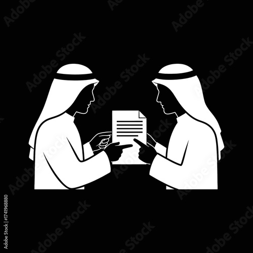 Two Arab men in traditional attire discussing a document.