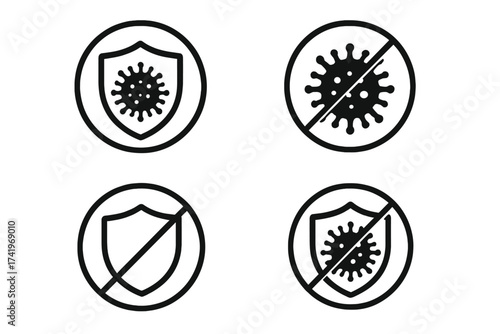Vector icon set for antibacterial and antiviral defense. Protection shield symbol. Stop germ, virus, and bacteria sign. Disinfection, sterile, and hygiene label for health care.