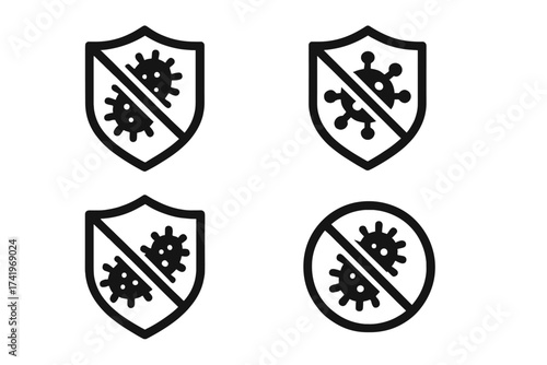 Set of antibacterial icon signs. Antiviral defense, protection symbol. Stop virus, germ, bacteria icon. Disinfectant label. Immune system shield. Health care vector illustrations.