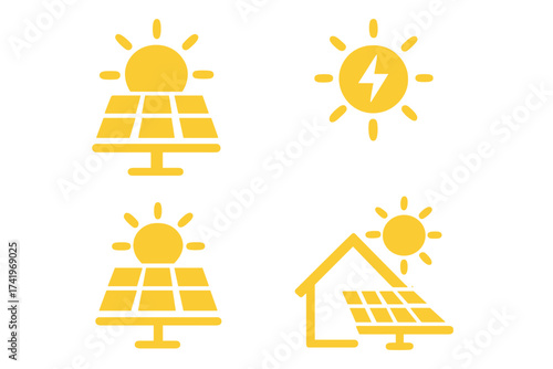 Solar energy icon set. Sun power symbol collection. Vector illustration of renewable green energy, photovoltaic panel, sustainable electricity for home and alternative power.