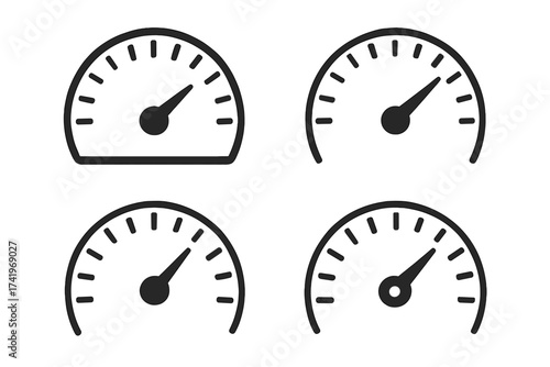 Speedometer gauge vector icon set. Car dashboard for speed measurement. Tachometer performance indicator symbol. Fast velocity meter graphic element. Isolated infographic illustration.