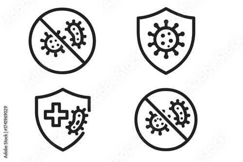 Set of antibacterial and antiviral protection icons. Immune system defense shield. Stop virus, germs, bacteria sign. Medical health safety vector for hygiene and disinfectant.
