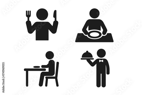 Restaurant and dining icon set. People eating symbols collection. Stickman with fork, knife. Person at table. Waiter serving food. Food service pictogram for graphic design.