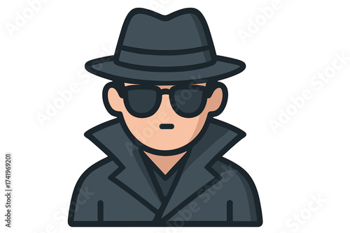 Spy agent vector icon. Detective character in hat and sunglasses. Incognito man for mystery, espionage, security concept. Private investigator cartoon avatar. Undercover.