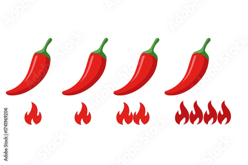 Spicy food level scale with chili pepper icons. Vector illustration set for menu design showing mild, medium, and hot heat levels. Food strength rating element for packaging.
