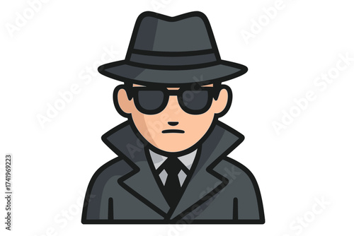 Spy agent icon. Detective character concept. Incognito man. Secret investigation. Anonymous person. Security and privacy symbol. Undercover agent vector illustration. Man in hat.