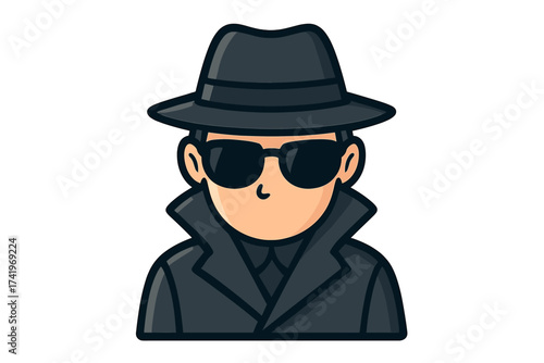 Spy character vector illustration. Secret agent or detective in cartoon style. Man in black with hat and sunglasses for incognito concept. Espionage, mystery, and security theme.