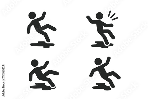 Slippery floor warning sign icon set. Stick figure falling on wet surface. Danger and accident symbol collection. Caution slippery. Person fall down pictogram vector illustration.