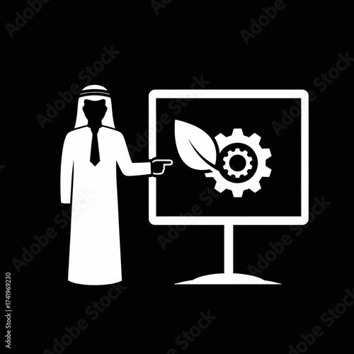 Arab man presenting ecofriendly technology concept on a screen.