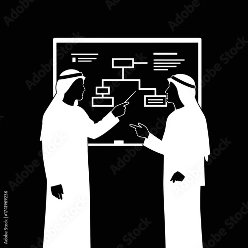 Two Arab men in traditional attire discussing a presentation on a whiteboard.