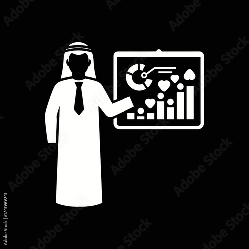 Arabian businessman presenting data analysis on a presentation board.