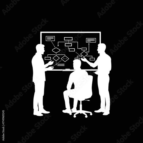 Business team discussing a project plan in front of a whiteboard.