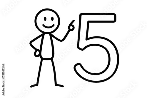Stick figure showing number five. Character pointing at the digit 5. Fifth step in a process. Top 5 list concept. Infographic element. Vector pictogram for education.