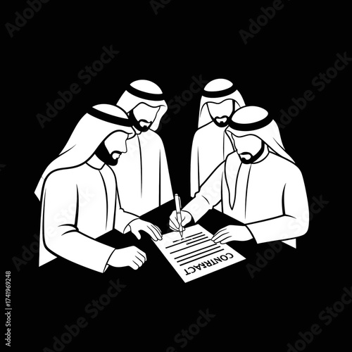Group of Arab men signing a contract business deal agreement.