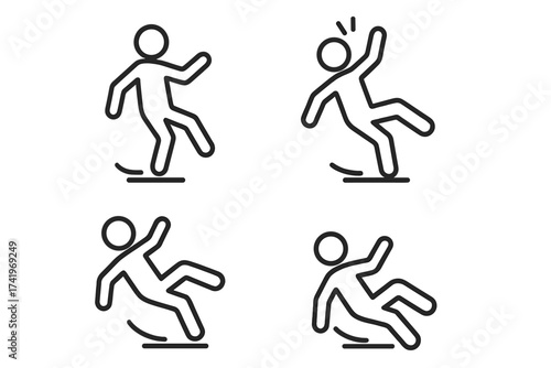 Slippery when wet floor icon set. Man falling down vector illustration. Stick figure person slip and fall accident. Danger warning safety sign. Caution wet surface symbol.