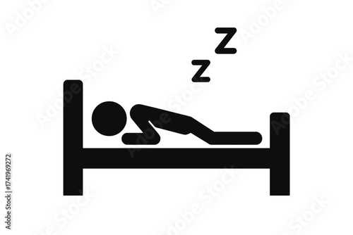 Stick figure man sleeping in bed vector icon. Person resting, tired guy napping. Concept of sleep, dream, relaxation, bedtime, fatigue, insomnia. Simple flat pictogram.