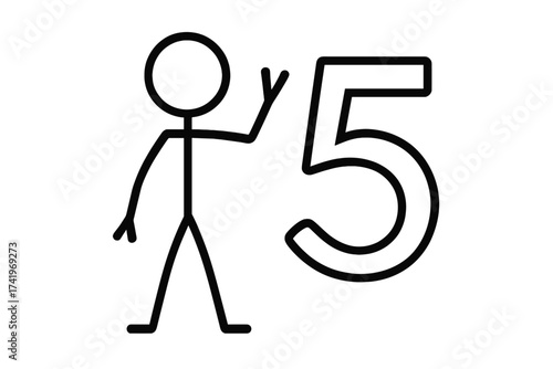 Stick figure with number 5. Simple vector for counting, math, learning, or education. Minimalist drawing, icon, pictogram from an ordered set. Isolated character showing fifth step.
