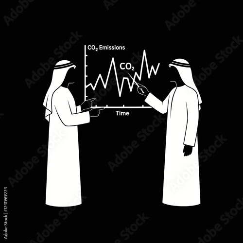 Two men in traditional attire discussing CO2 emissions graph.
